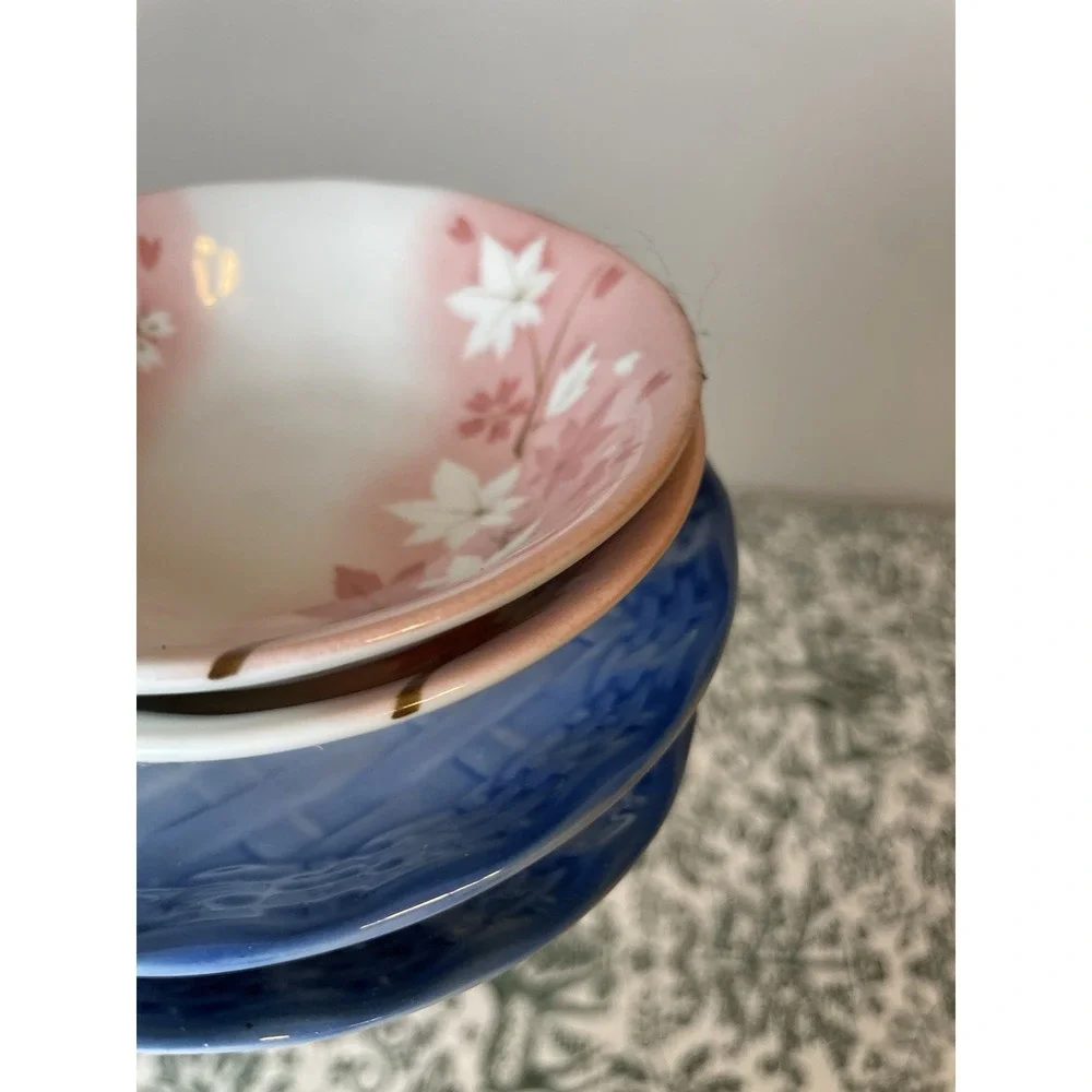 Vintage made in Japan Cherry Blossom Dish Plate Set For‎ 2 Blue & Pink Bamboo